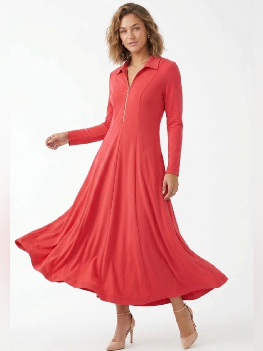 Soft Surroundings Coral Red Zip-Front Maxi Dress - Long Sleeve, Pockets - Size L